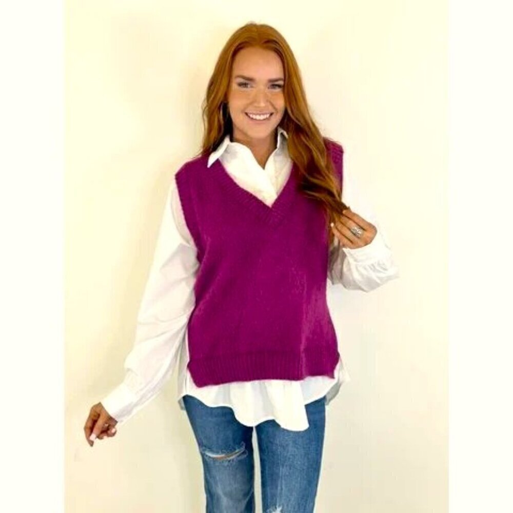 NWT Jaquie the Label Magenta White Vest Sweater Overlay Long Sleeve Top